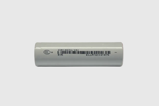 Grey EVE 35V li-ion battery cell on a blank white background